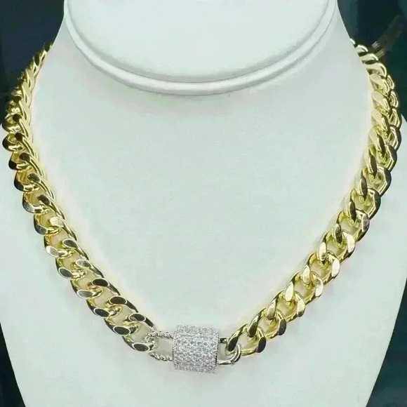 Gold Chunky Pave Lock On Cuban Link Chain Magnetic Closure - Picture 1 of 4